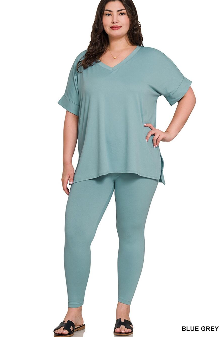 Brushed dty microfiber loungewear 2-piece set- Blue gray 2X